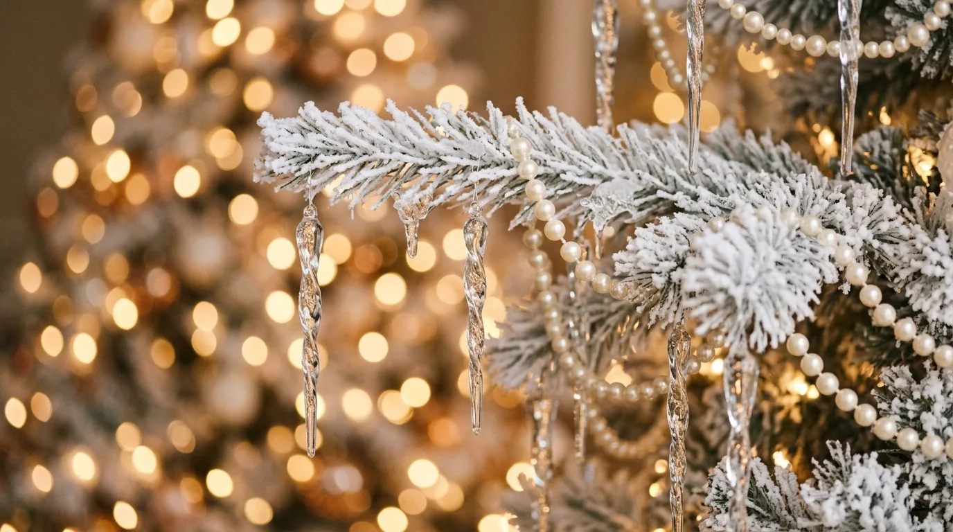 Close-up of a white Christmas tree branch with glass icicles and pearl garland.